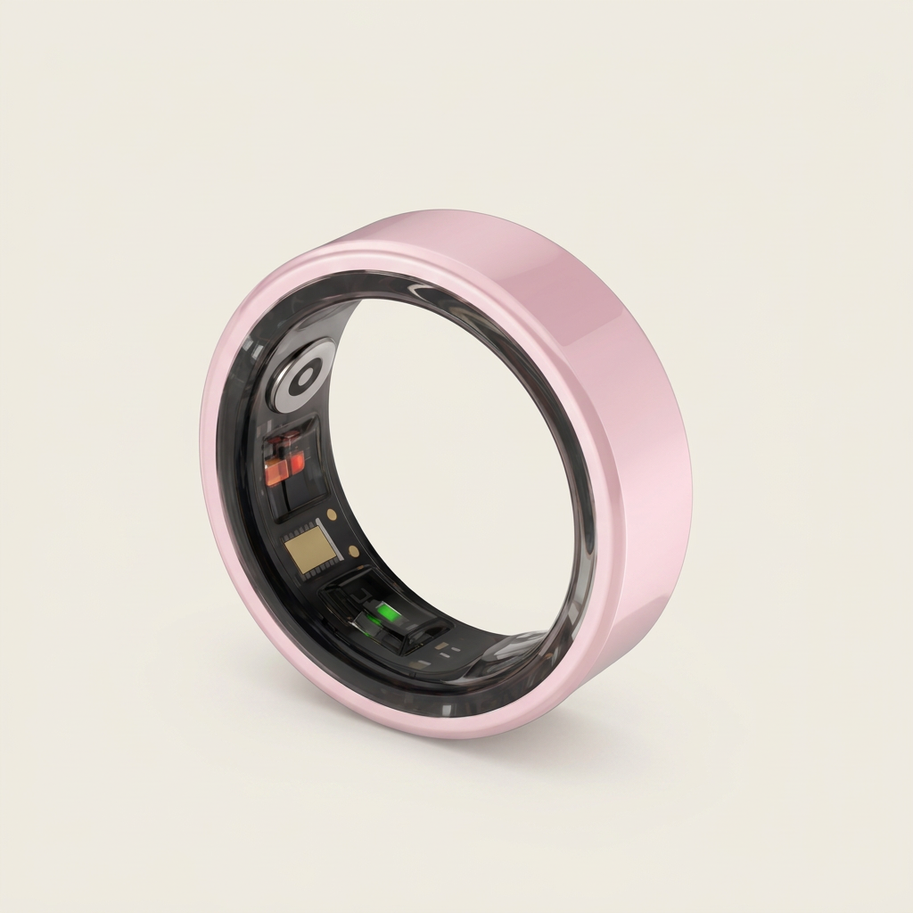 A pink smart ring with a transparent inner band showing internal electronic components, set against a solid light beige background.