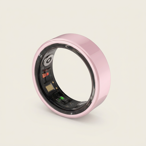 A pink smart ring with a transparent inner band showing internal electronic components, set against a solid light beige background.